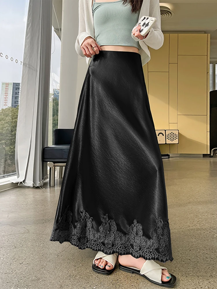 Fashion Street Slim Woman Dress Summer High Waist Slim Lace Black Apricot Women Dress Simple Basic Casual A-Line Skirt Female