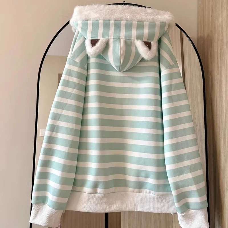 Women Cute Japan Hooded Sweatshirt Preppy Style Striped Spring Fall Warm Coat Long Sleeve Patchwork Lolita Loose Casual Top