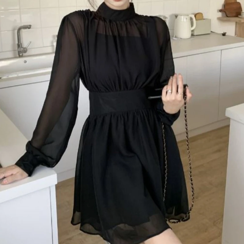 Black Dresses Women Mini Temperament Elegant Ruffles Vintage Casual Long Sleeve Spring French Style Ins A-line Artsy Aesthetic