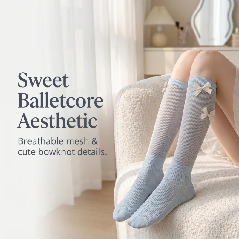 Calcetines hasta la rodilla con decoración de lazo Balletcore para mujer, algodón acanalado suave, transpirables y elásticos, estilo preppy dulce, perfectos para uso diario