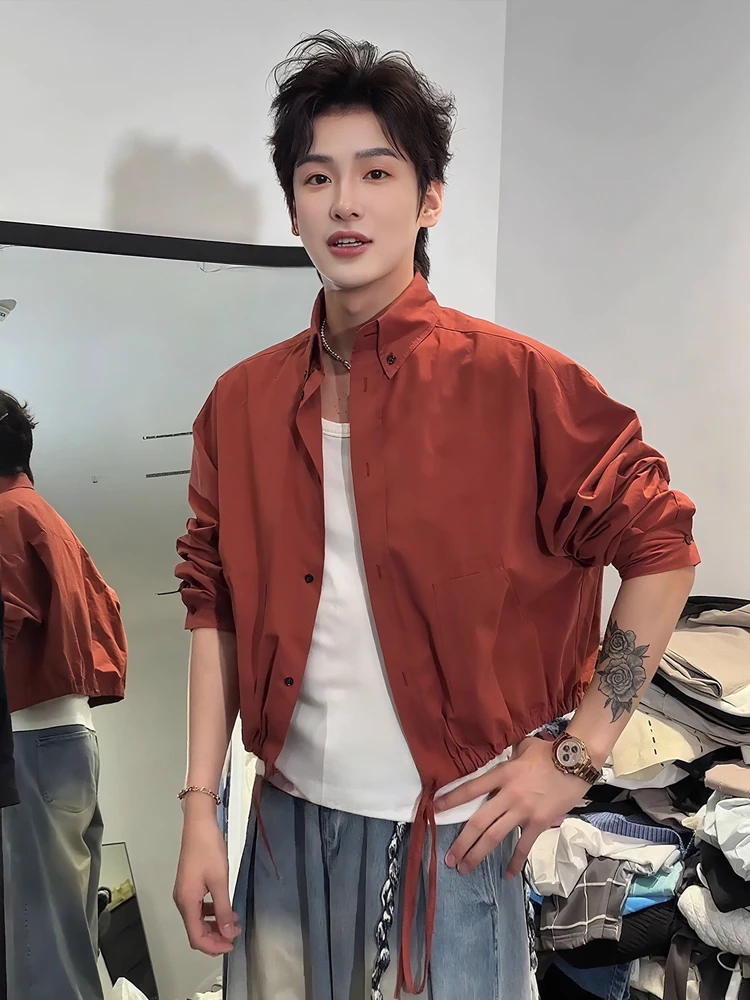 

Casual Men's irt with Dstring Hem Advanced Leisure Collared ort Coat Youth Faion Polyester Fiber Long Sve Breathable