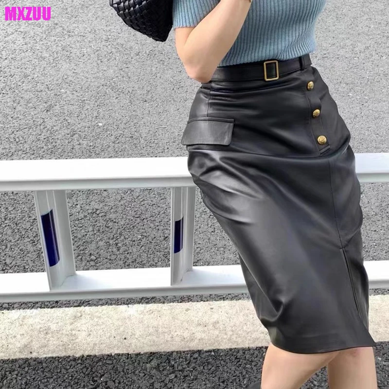 Knee Long Skirts For Ladies Genuine Leather High Waist Belt Slim Wrap Hip Jupe Femmes Sheepskin Korean Style Brown/Black Skirt