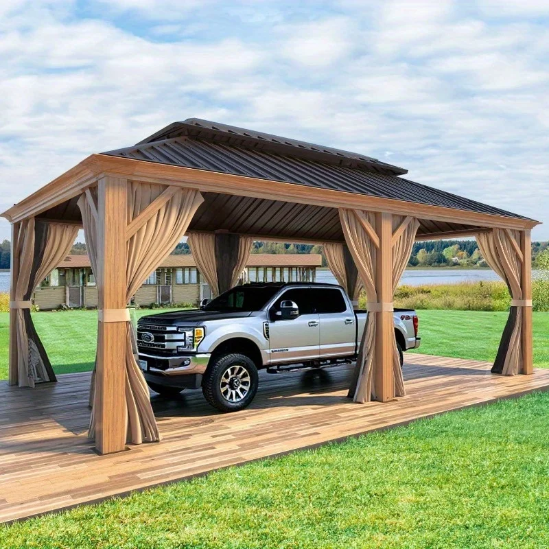 

Твердый паспорт размером 12 x 20 футов с алюминиевой рамой под дерево и двойной крышей из оцинкованной стали — сверхмощное автомобильное укрытие для автомобилей