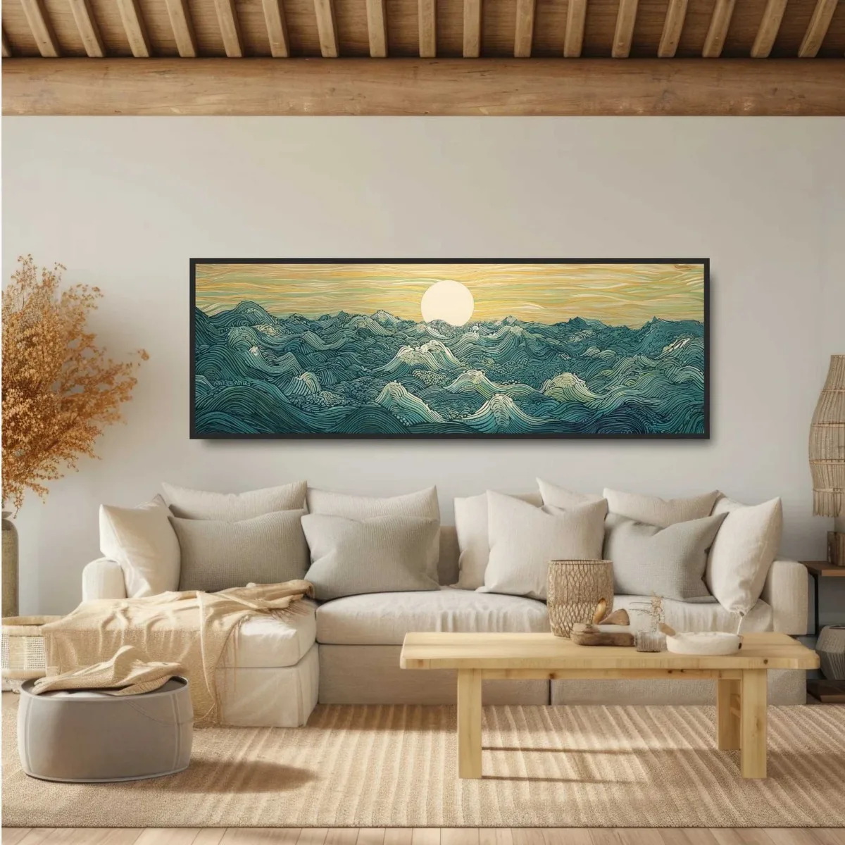 1PC frameless Japanese Ukiyo-e Moon Waves Canvas Print Poster Japandi Vintage Abstract Large Horizontal Art Prints Wall Art Home