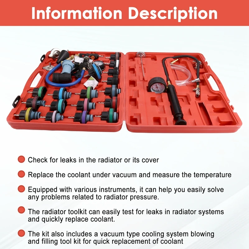 28Pcs Universal Radiator Pressure Tester Kit Coolant Pressure Tester Kit Coolant Vacuum Refill Kit For Cooling System