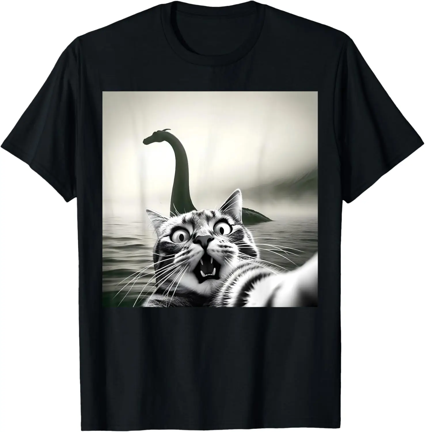 

Loch Ness Monster Funny Surprised Scared Cat Selfie T-Shirt
