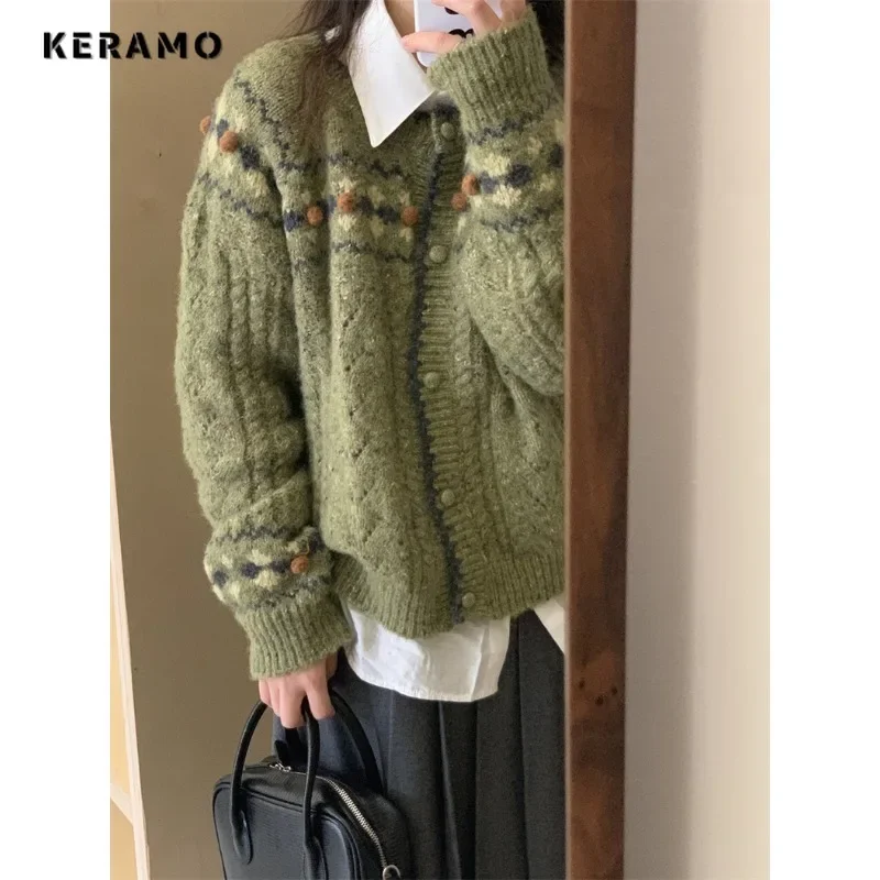 2023 Winter Casual Long Sleeve Office Lady Knitting Cardigans Women\'s Fashion Round Neck Dot Printting Elegant Sweater Top