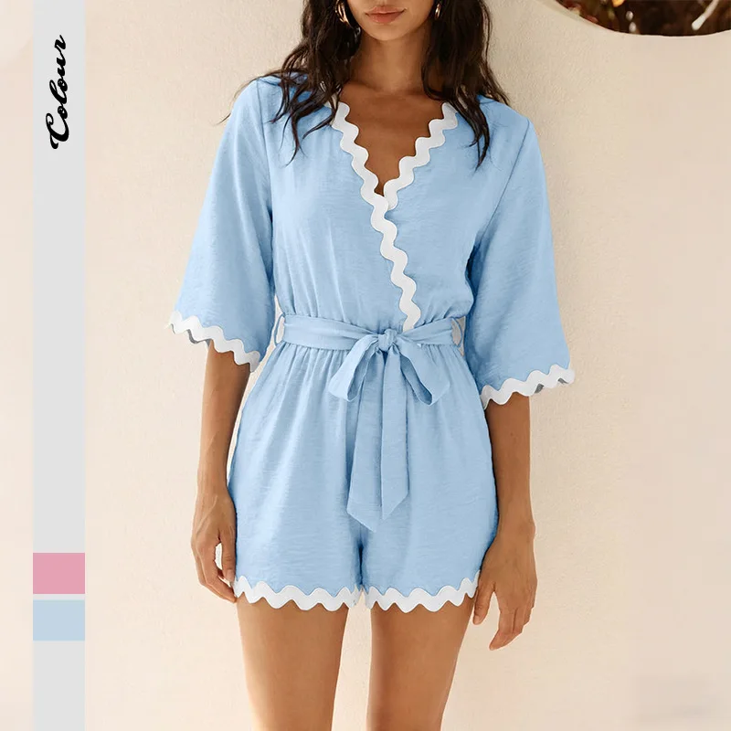 

2026 New Summer Style Fresh, Sweet and Lazy Style V-neck Lace-up Wavy Lace Jumpsuit