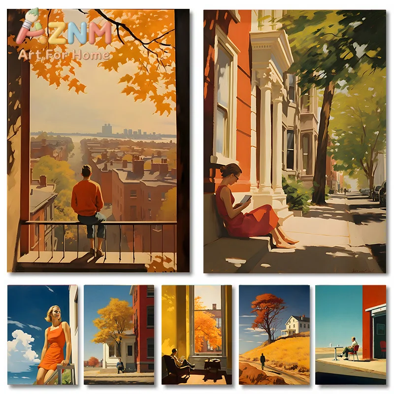Edward Hopper City Poster Autumn Summer People Cityscapes Canvas Paintings Wall Art Picture for Living Room Home Decor Mural