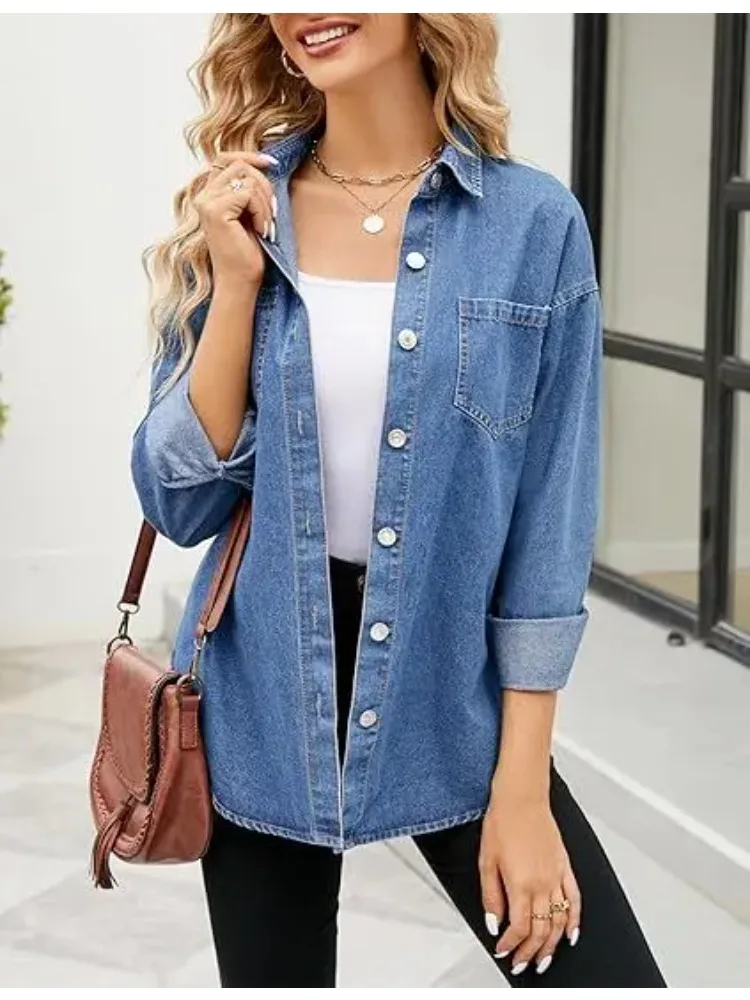 New Washed Loose Long-sleeved Denim Shirts for European American Women, Spring and Autumn Fashionable Four-button Shirt Jackets view 2