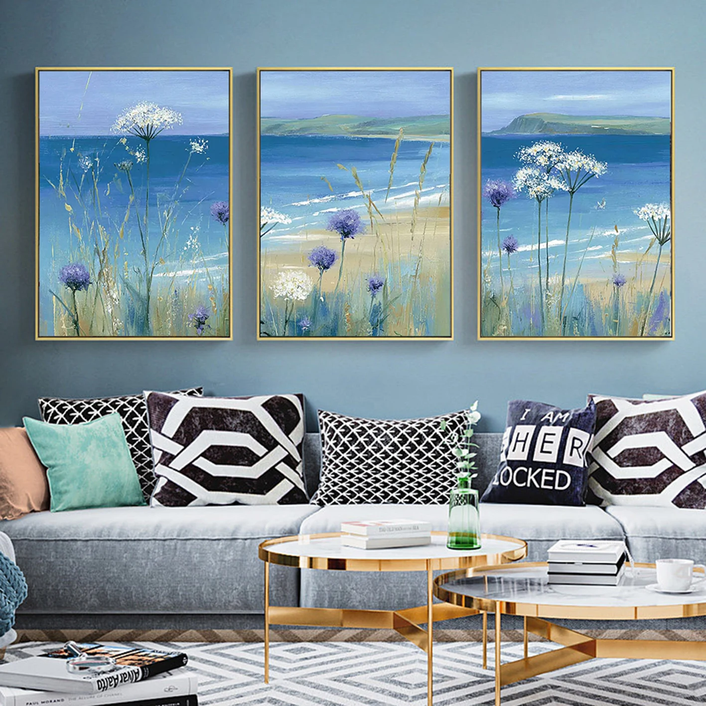 Coastal Beach Art Print Set Blue Ocean and Wildflowers Painting Canvas Print Art Poster Modern Home Living Room Decoration