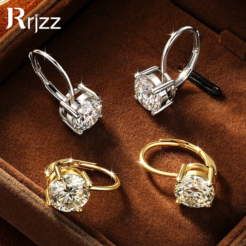 Rrjzz Solitaire 6.5mm 8mm Moissanite Engagement Clip Earrings for Women 1CT 2CT Four-Claw Leverback Drop Earrings Jewelry Gifts