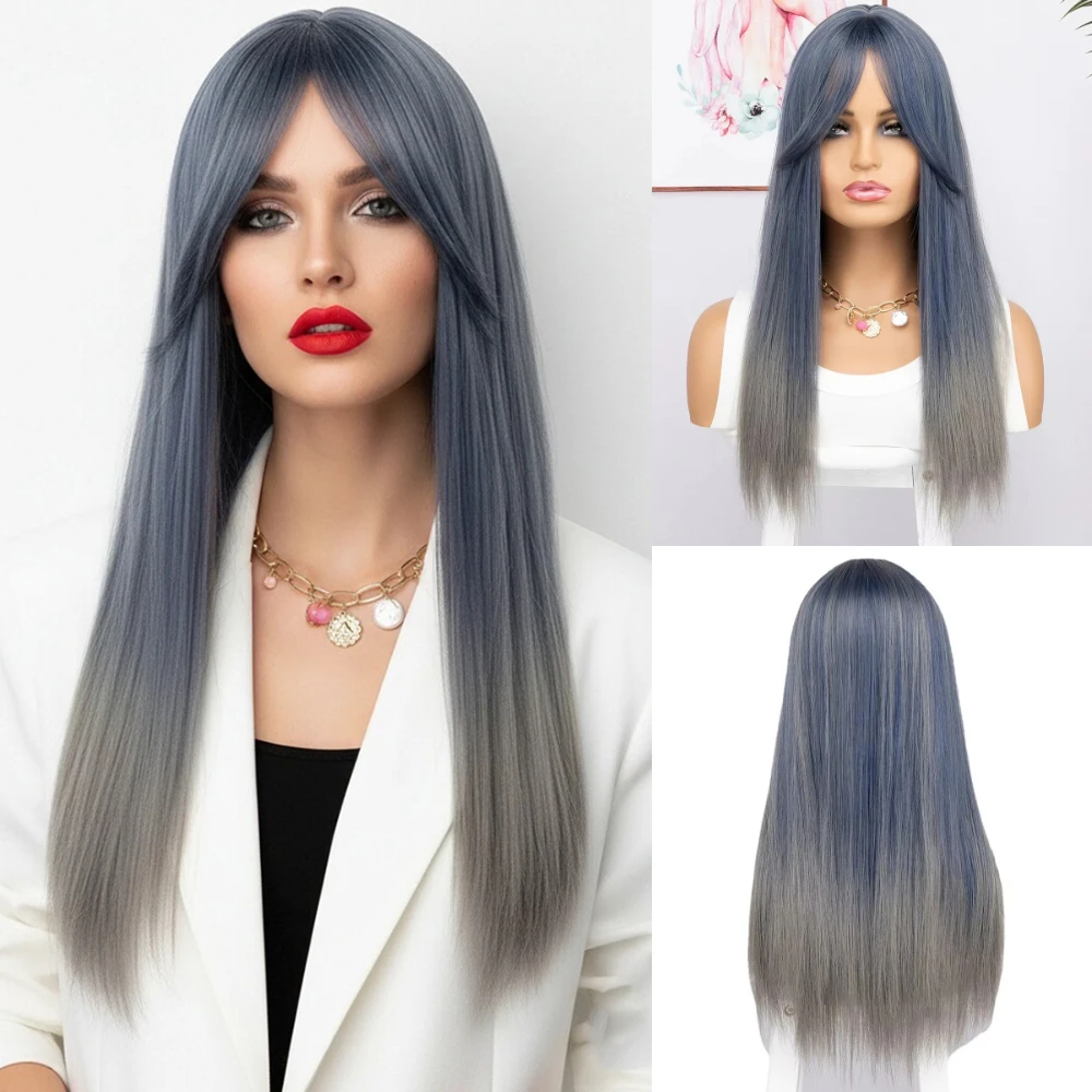 

MSIWIGS Women Long Blue Grey Synthetic Cosplay Wigs With Bangs For Party Ombre Color
