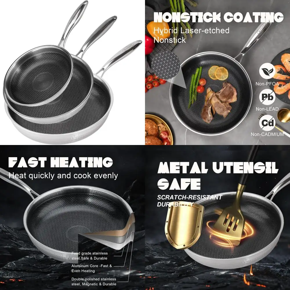 

Hybrid 8 10 12 inch Stainless Steel Non Stick Skillet set,Frying Pans Nonstick, PFOA Free Cookware, Dishwasher and Oven Safe, In