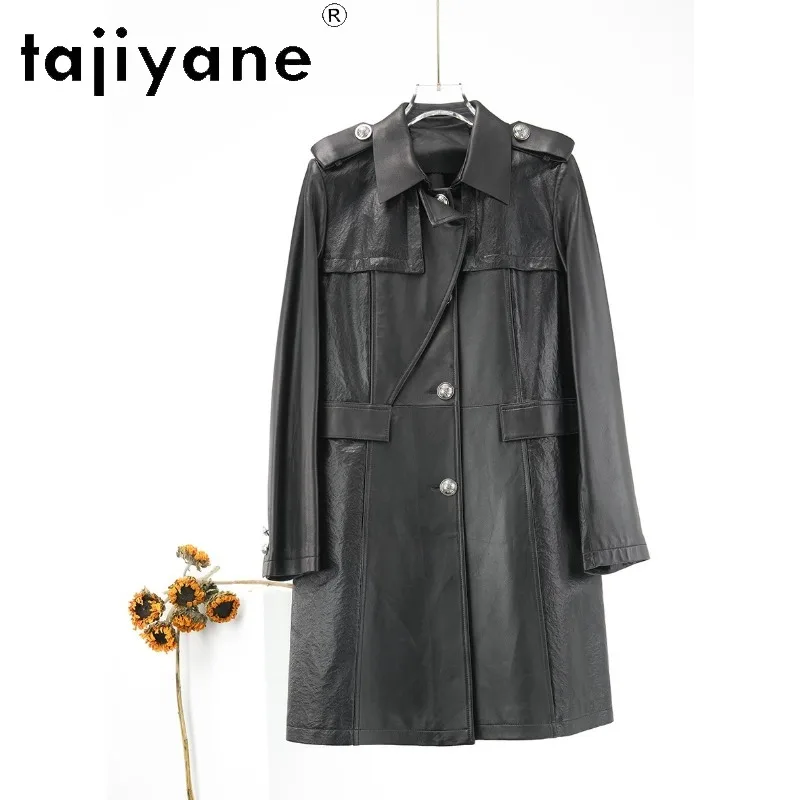 TAJIYANE Genuine Leather Jacket Woman Sheepskin Leather Coat Black Jackets for Woman Lapel Mid Length Trench Outerwear Chic 자켓
