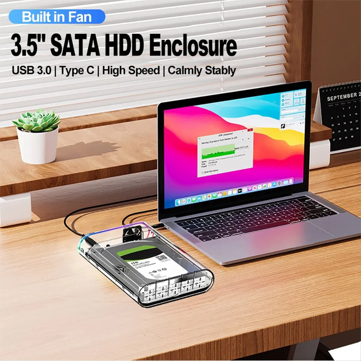 Caja HDD/SSD de 3,5 pulgadas, transparente, USB 3,0 tipo C a HDD externo, compatible con SSD de 28TB, luz colorida RGB, enchufe estadounidense