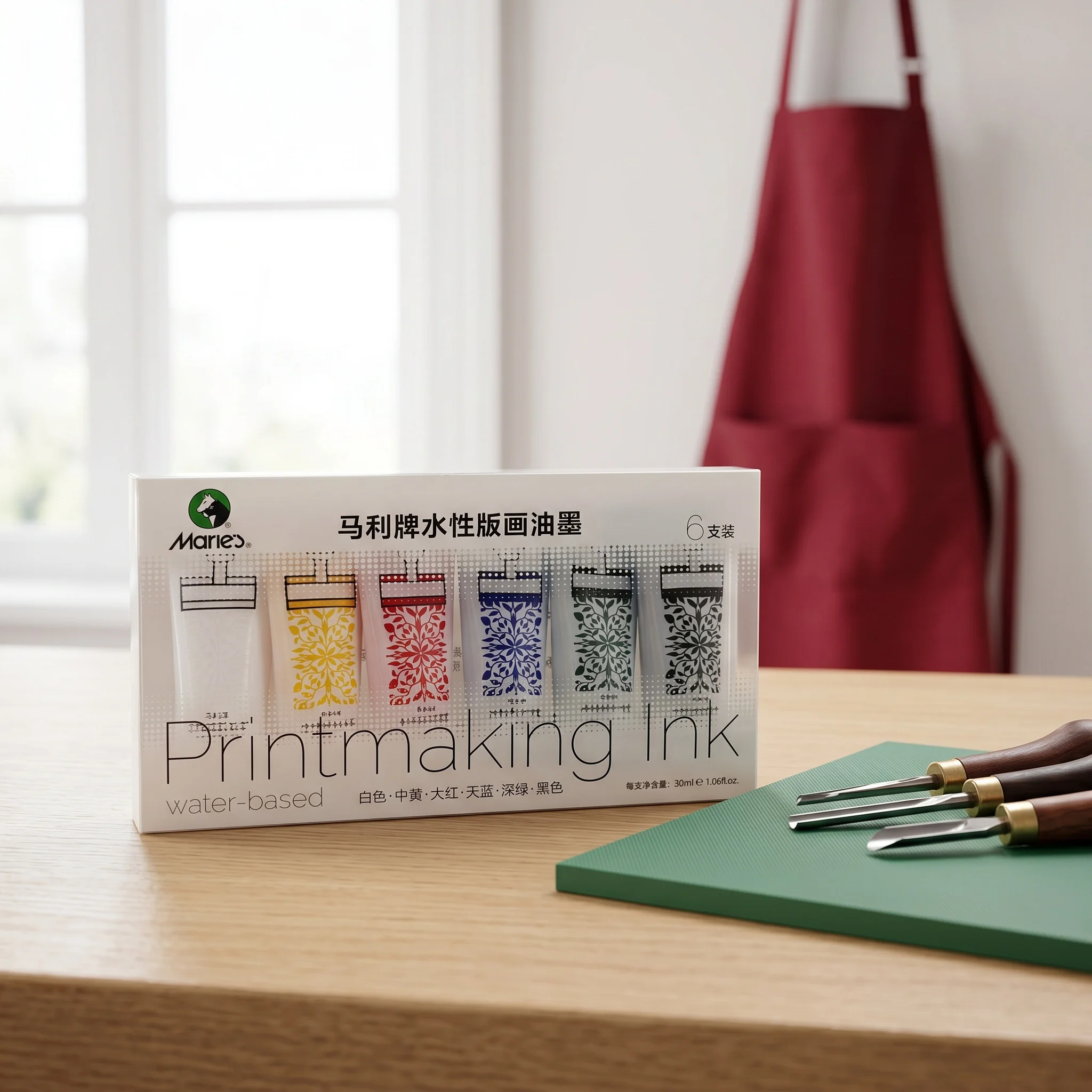 6Pcs Marie's Water-based Printmaking Ink 30ml 1.06oz Linoleum Wood Soft Block Paper Cardboard Printing Art Supplies