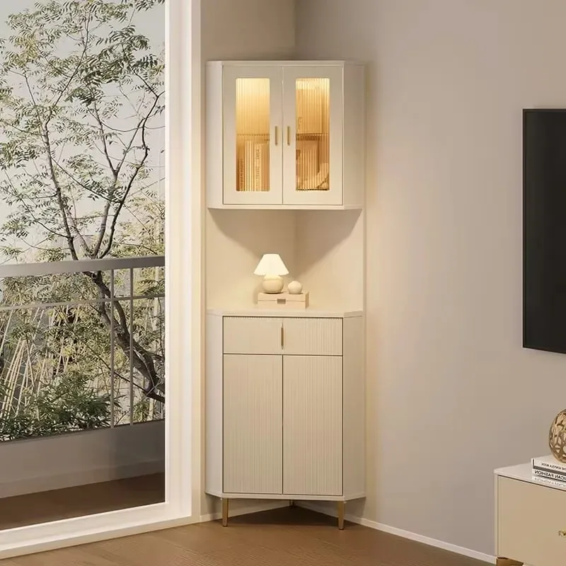 Modern style corner locker living room storage unit cream wooden shoe rack display cabinet