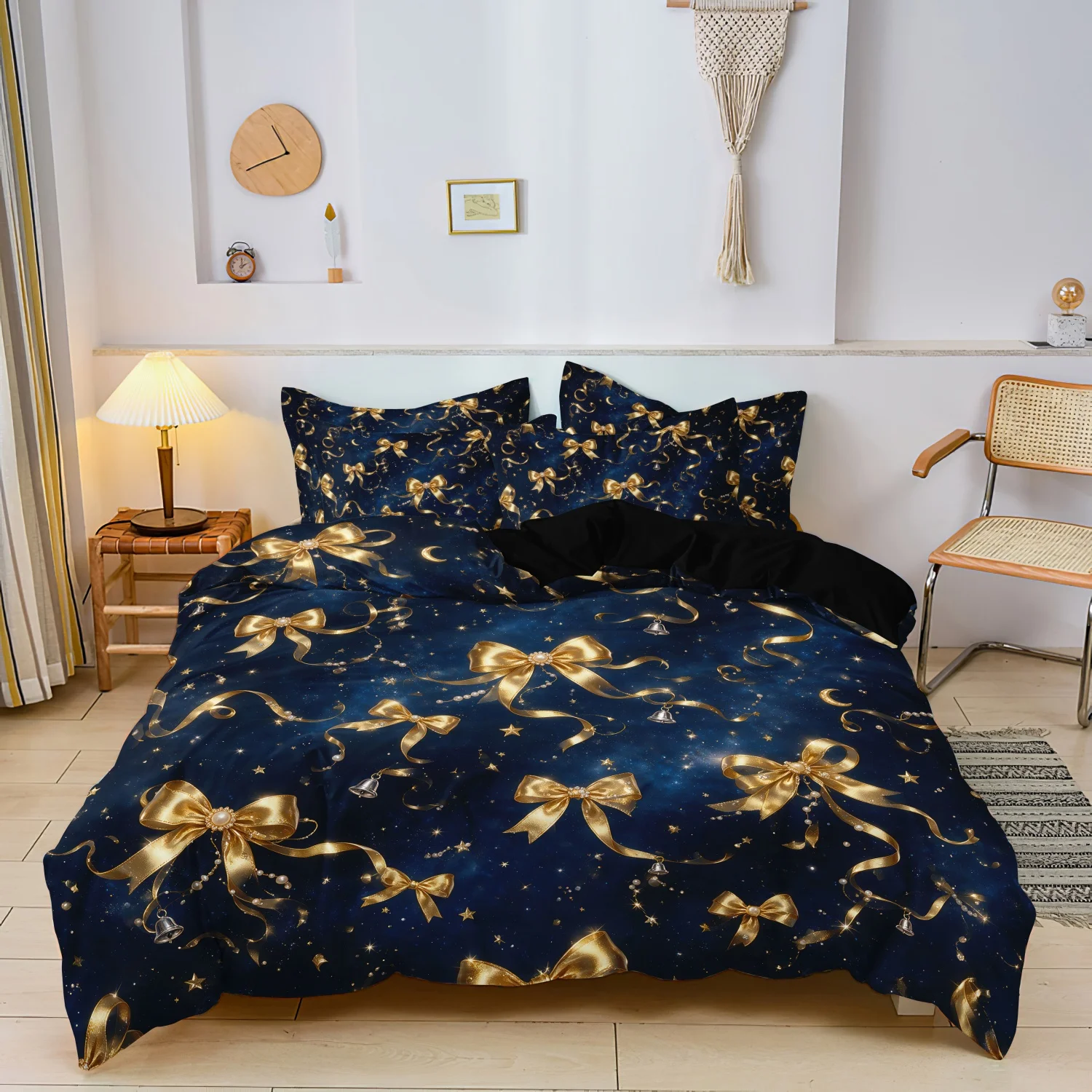 3pcs Starry Night Golden Bow Duvet Cover, Blue Galaxy Ribbon Bow Star Moon Pattern Bedding, Family Bedrooms Dormitories Hotels
