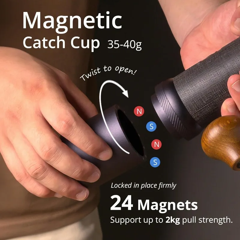 مطحنة القهوة اليدوية J-Ultra باللون الرمادي الحديدي، لدغ مخروطي، مقبض قابل للطي، سعة كوب مغناطيسي 40 جرام، عددية قابلة للتعديل