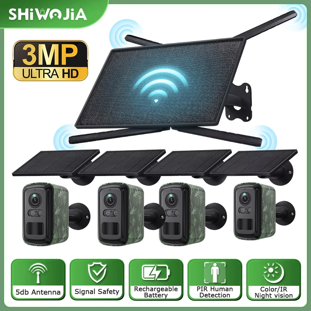 

SHIWOJIA 3MP WIFI Solar Camera Sets with 10W 4G Solar Router Wireless 360 Surveillance PTZ IP Battery Camera PIR Human Monitor