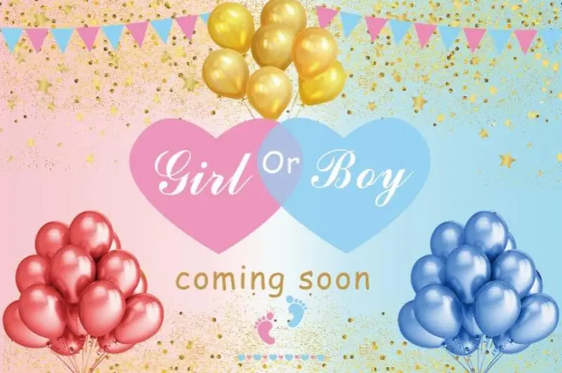 

Blue Pink Boy or Girl Party Backdrop for Gender Reveal with Golden Balloons Photo Props Background Banner Supplies