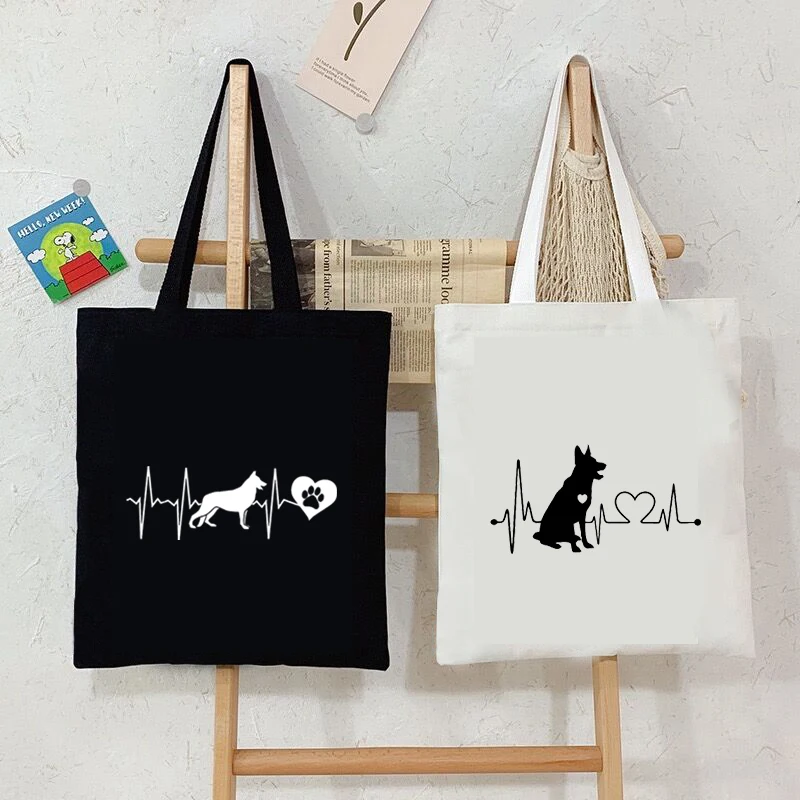 

2024 Funny Dog and Heartbeat Graphic Women Men Shoulder Bag Harajuku Fashion Animal Lover Shopping Bags Student Outdoor Handbags