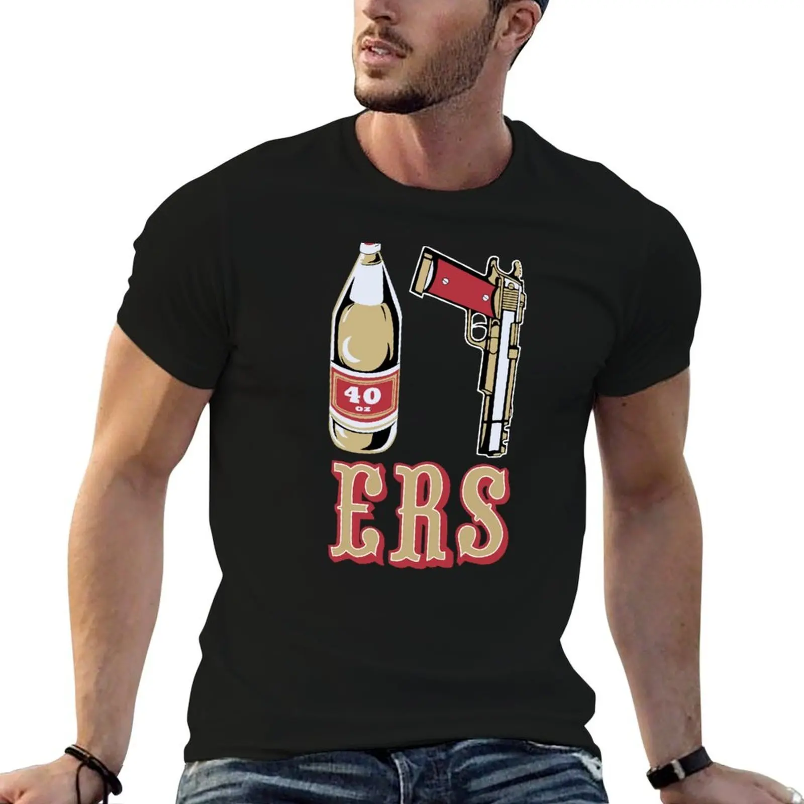 

Cool Mens Black 49ers 40 OZ 9MM Gold Gun T-Shirt man t shirt cotton graphic t shirts for man T-Shirt