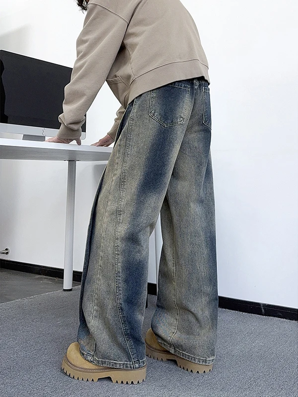 

Винтажные джинсы с американской талией, мужские осенне-зимние свободные прямые брюки в стиле ретро, повседневные брюки длиной до пола