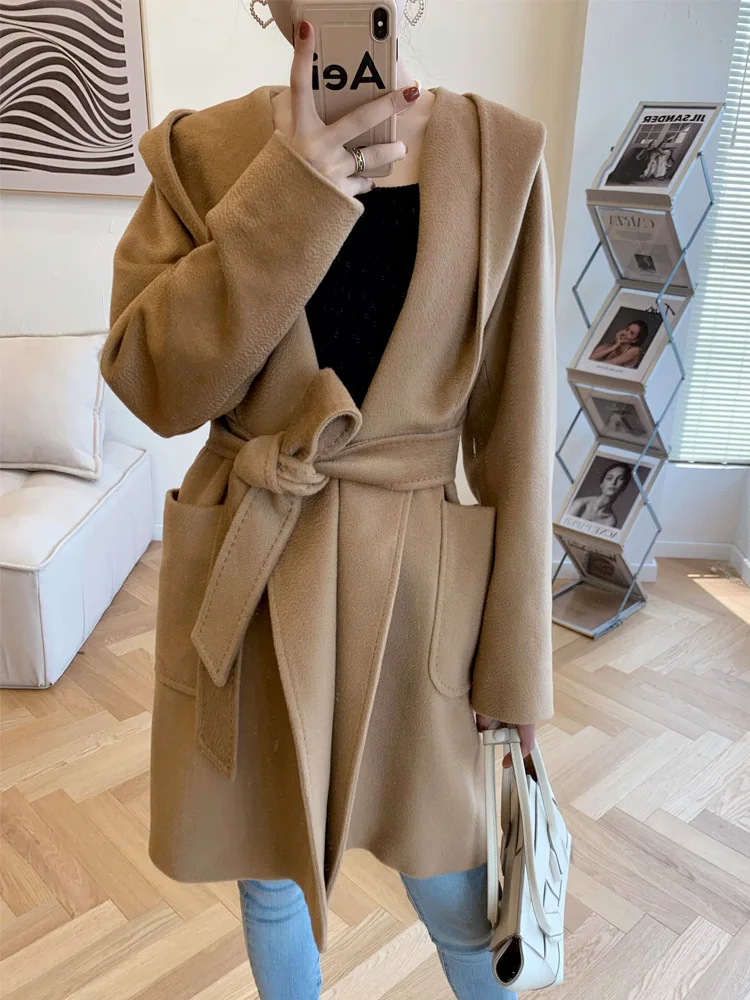 New Bathrobe Hooded Water Ripple Cashmere Wool Coat Women Mid-length Loose Pockets Fashion Belt Woolen Jacket Fit Autumn Winter