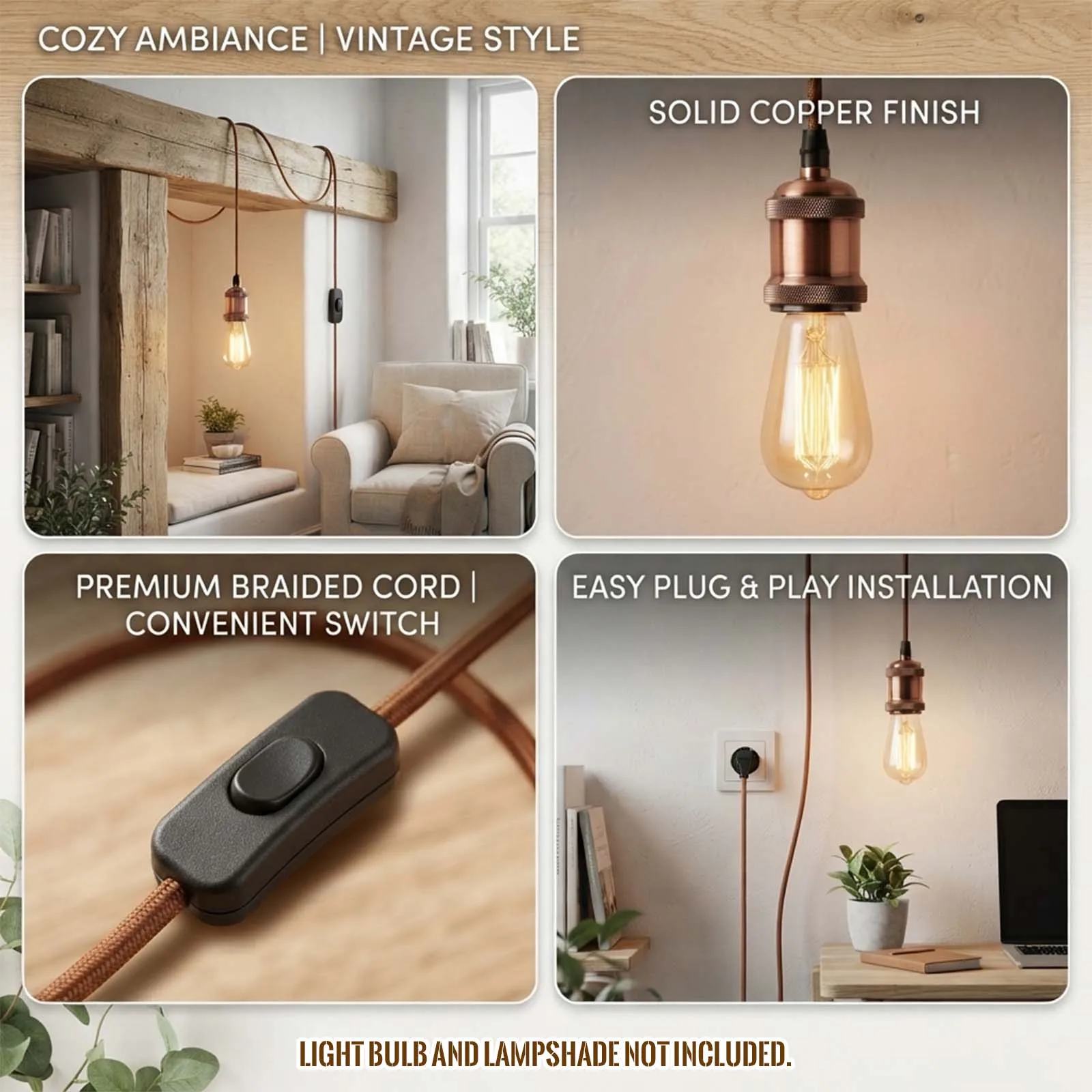 Pendant Light Cord Kit, Brown Braided Cable, Copper Socket, Inline Switch, EU Plug