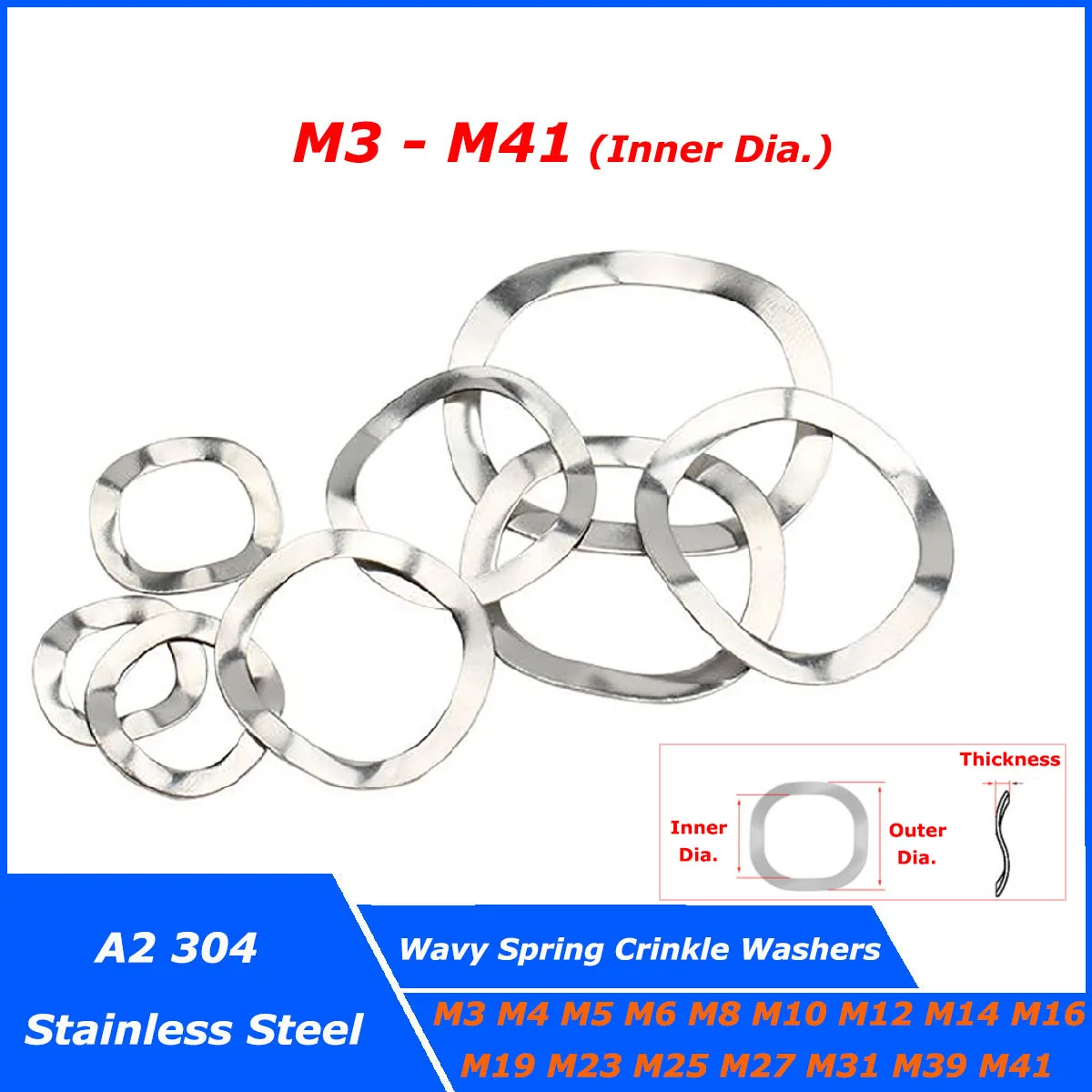 

5-50pcs 304 Stainless Steel Three Wave Wavy Spring Crinkle Washers Gasket M3 M4 M5 M6 M8 M10 M12 M14 M16 M19 M23 M25 M27-M41