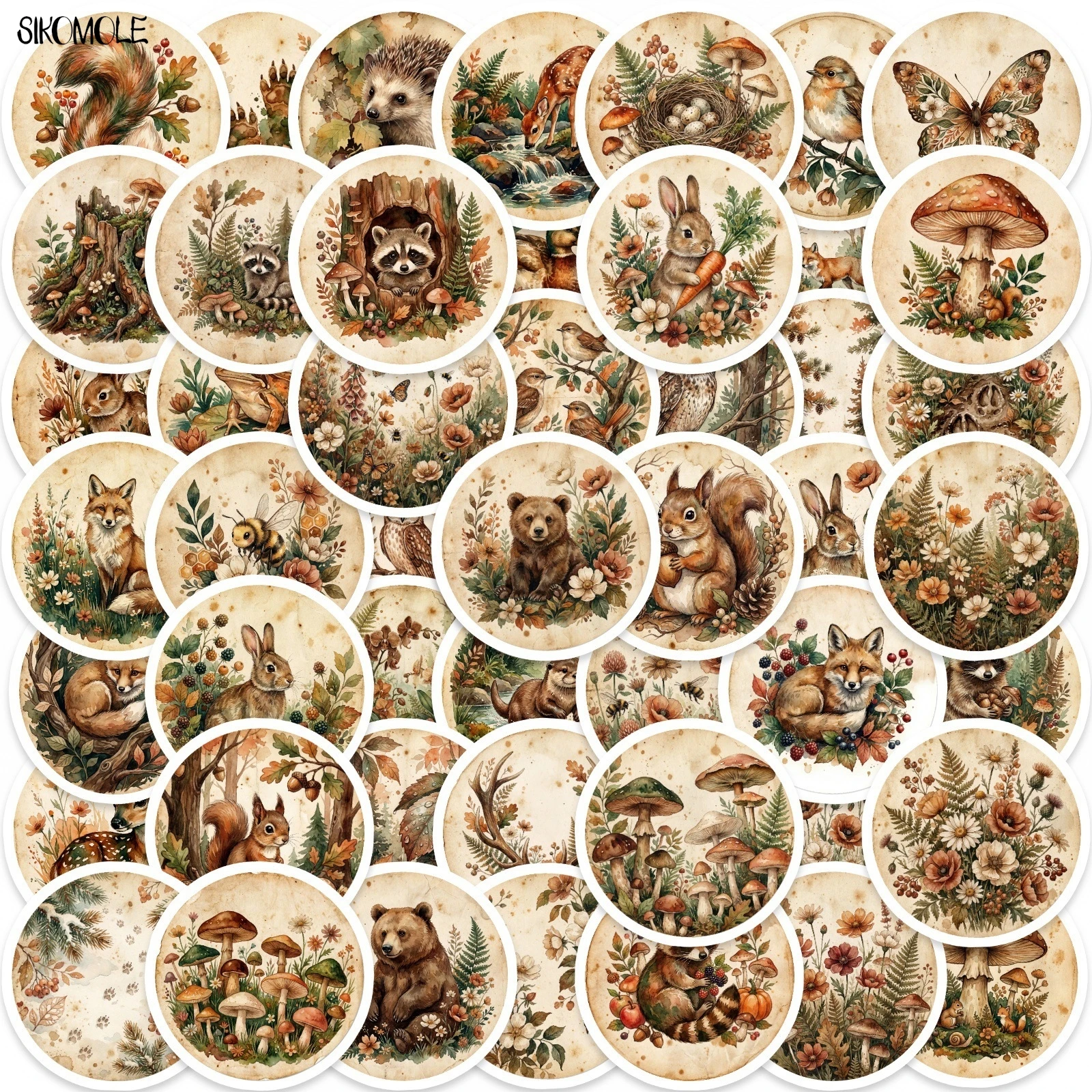 10/30/50PCS Vintage Forest Animal Round Stickers DIY Decor Accessories Phone Water Bottle Luggage Decoration Graffiti Sticker