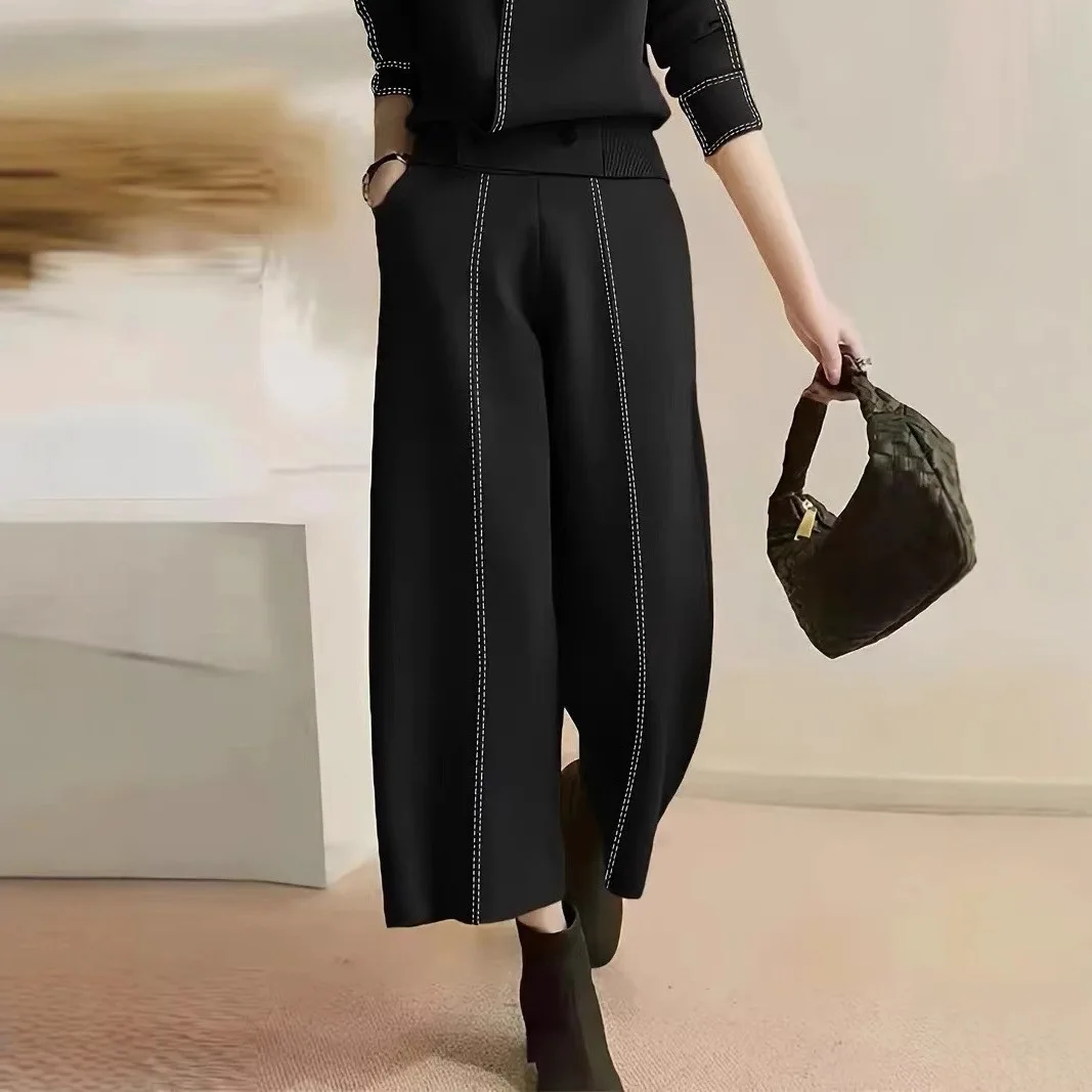 Autumn Color-Block Solid Long Pants Set Women's Casual 2-Piece
