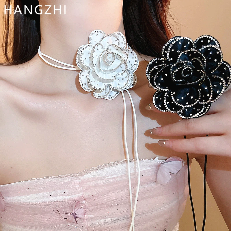 HANGZHI Rhinestone Black White Rose Necklace Clavicular Chain Flower Choker Dinner Party Wedding Jewelry for Women 2024 New