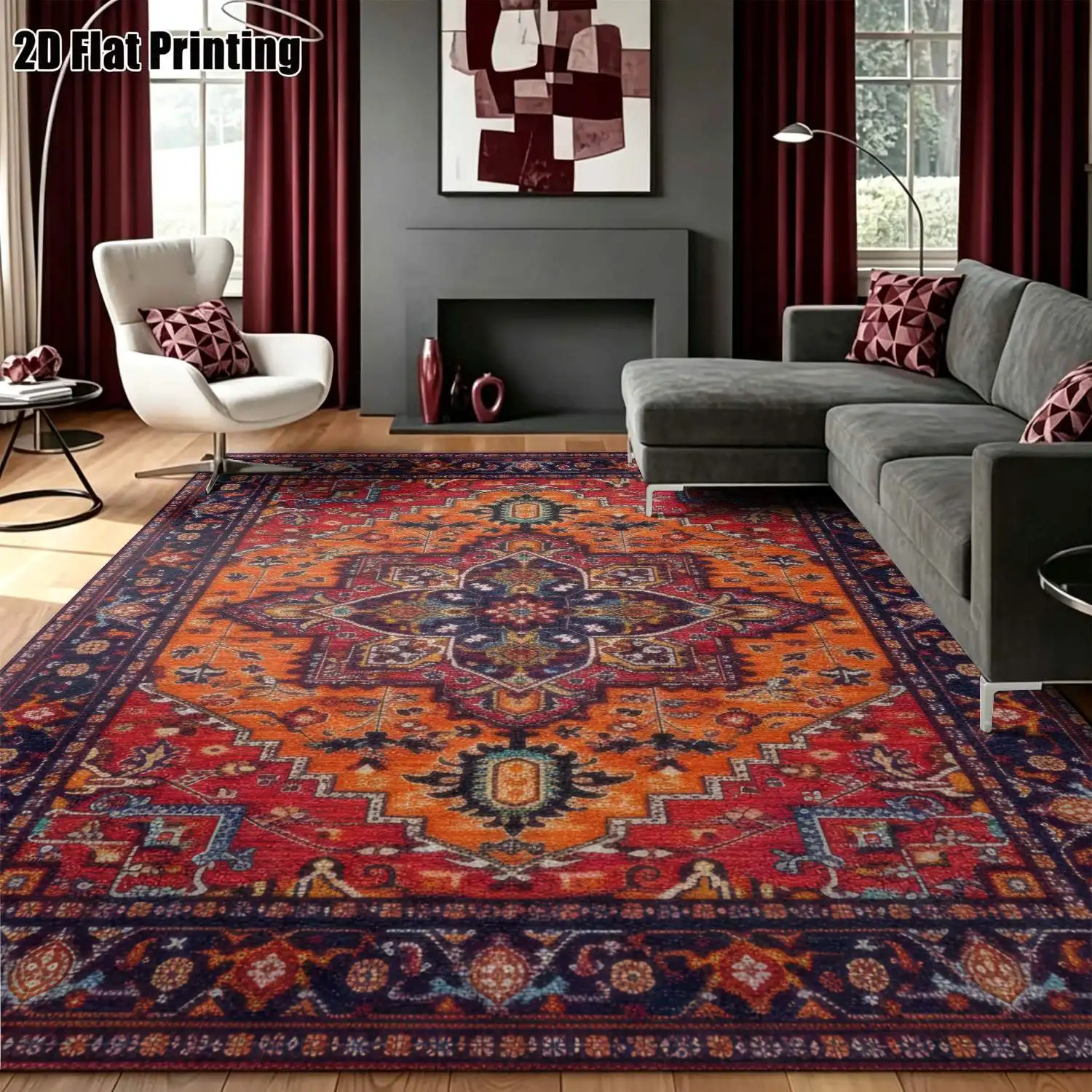 1Pc 2D Printed Retro Red-Orange Geometric Carpet, Bohemian/Vintage European Style Carpet for Home Decor, Multi-Size, Machine Washable, Suitable for Entrance/Dining/Foyer/Living Room/Bedroom