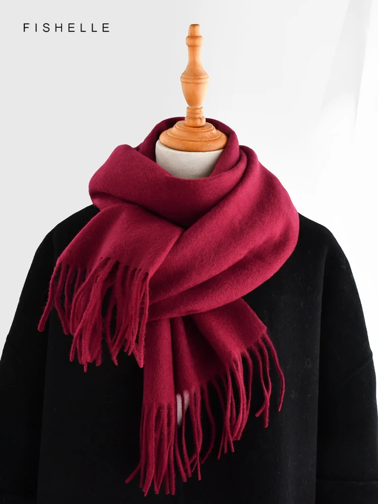 Wine red pure 100% wool scarf for women's thin warm shawl winter solid color claret lady scarves luxury gifts