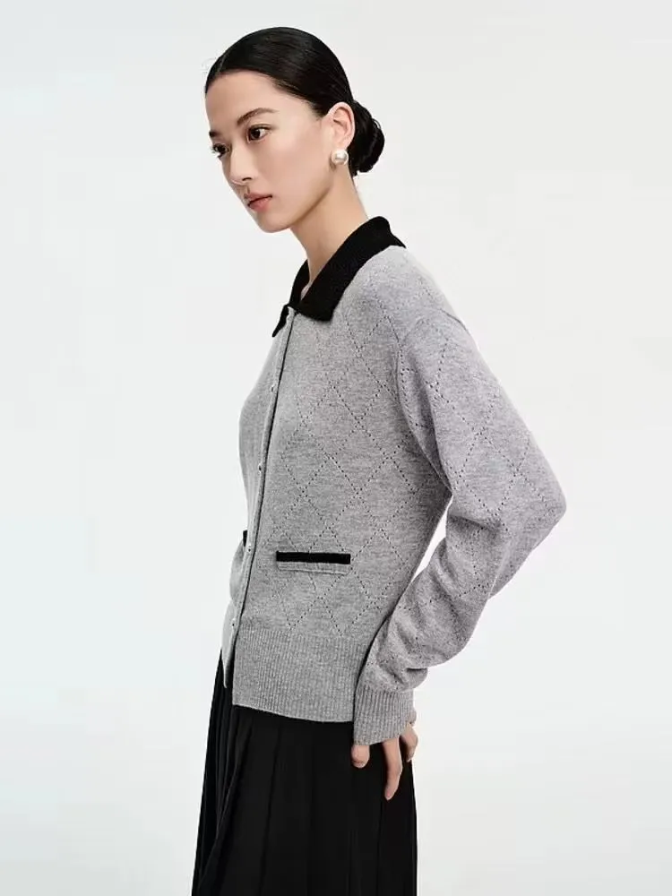 

100% wool knitted cardigan for women, short style sweater, fashionable new style in spring 2024, old-money style doll collar top