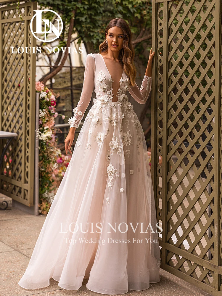 LOUIS NOVIAS A-Line Wedding Dresses 2024 Deep V-neck Backless Bridal Gown 3D Flowers Appliques Wedding Gown Vestidos De Novia