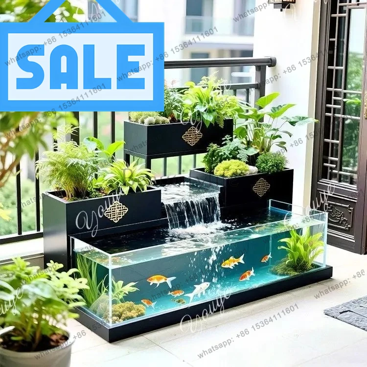 Creative flowing water fish tank flower box metal acrylic patio circulating fish pond stainless steel courtyard combination