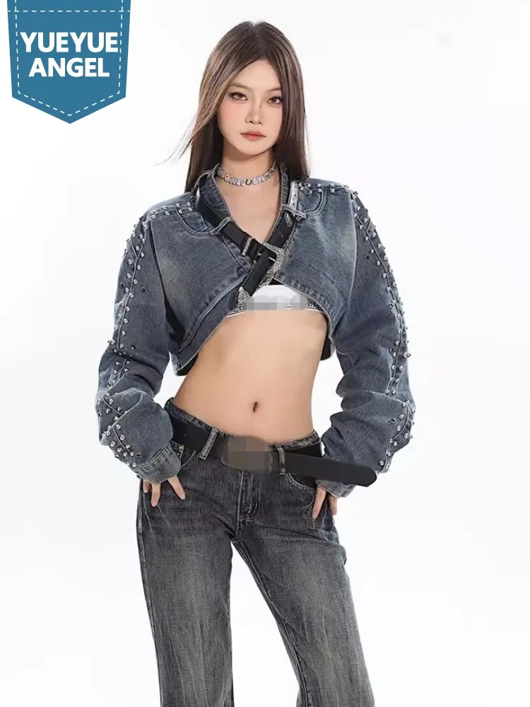 Jaket Denim lengan panjang wanita, desain keling jaket Denim wanita lengan panjang kancing tunggal leher V pinggang tinggi mantel pendek kepribadian pakaian luar wanita