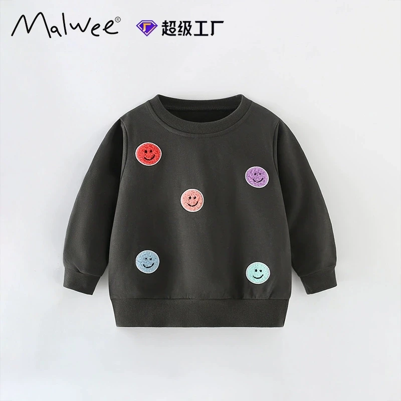 Malwee American round-neck smiley face pattern embroidered children's bottoming top casual chic versatile cotton punk sweatshirt