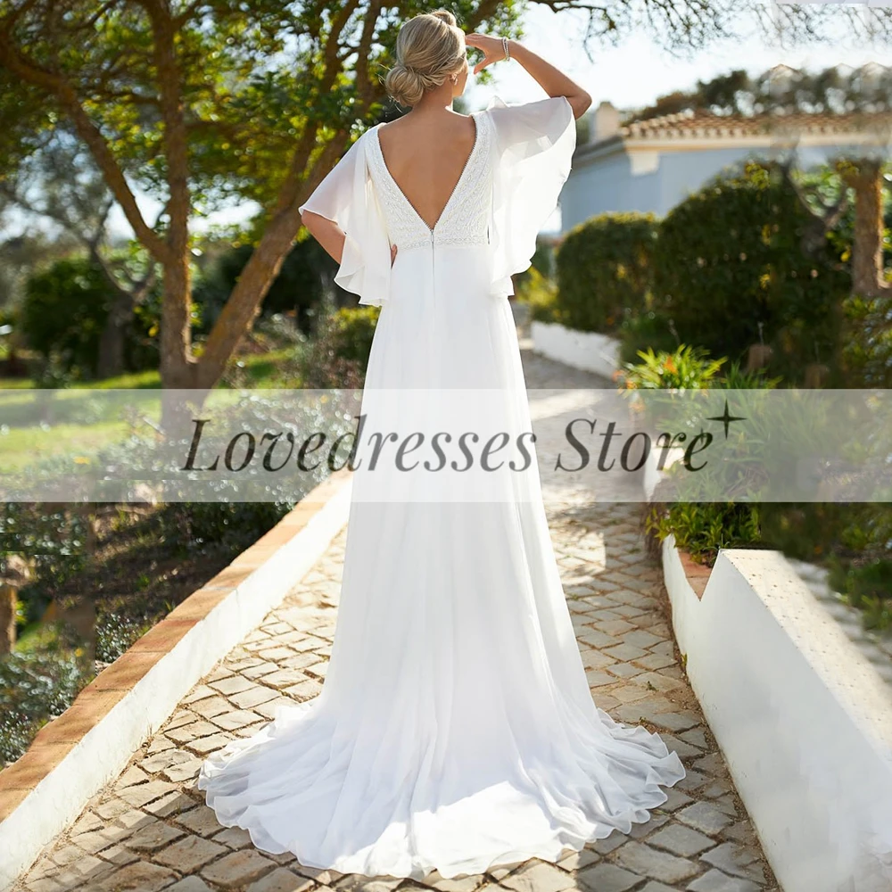 Customized Weilinsha Classic A-line Chiffon Half Sleeves Wedding Dresses for Women 2023 Bride V-Neck  Sweep Train Lace Civil Bri