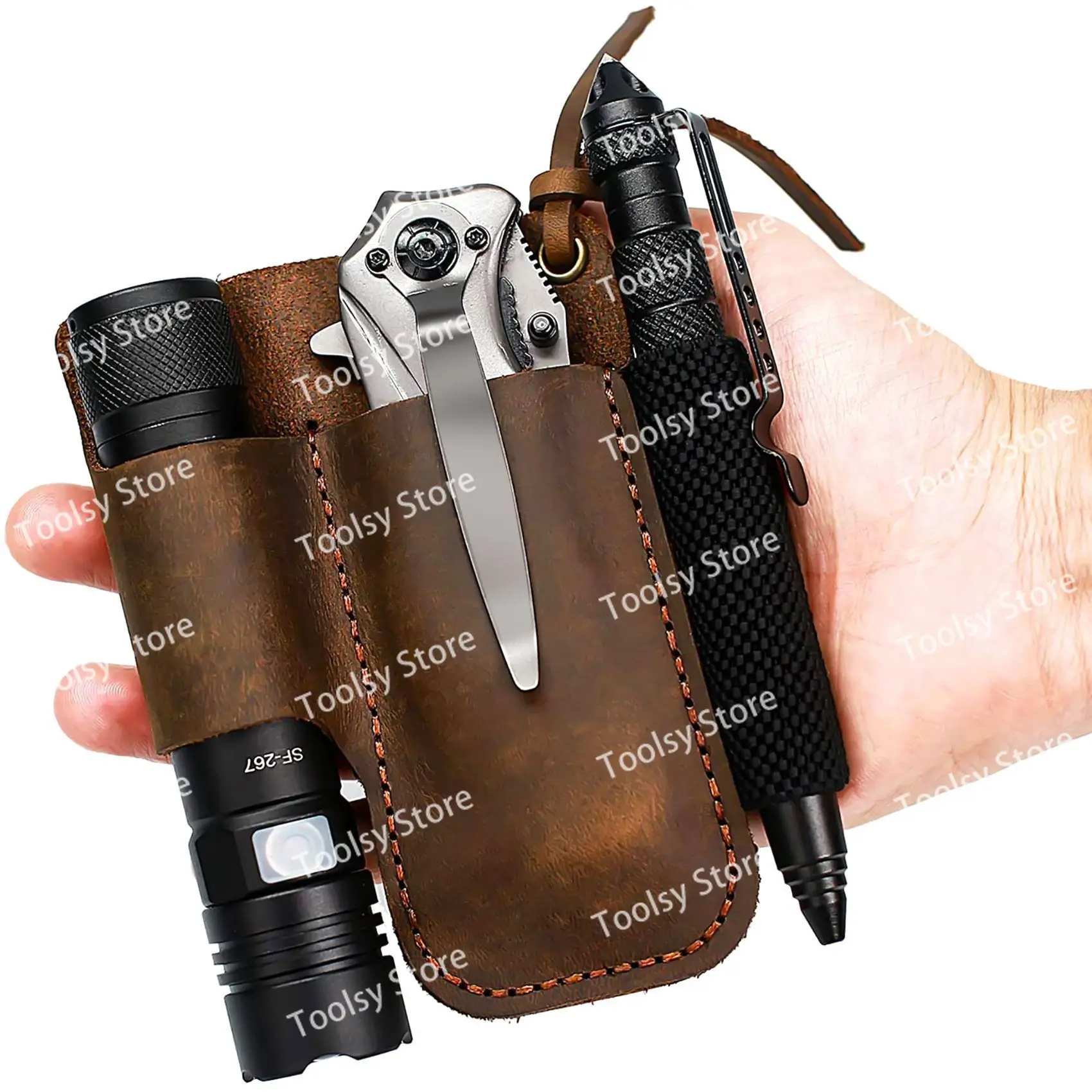

Кожаный чехол ручной работы, складной нож, держатель для фонарика, инструмент EDC, коричневый CX