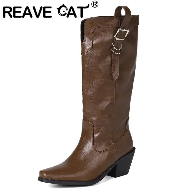 

REAVE CAT Women Mid Calf Boots Square Toe 6cm Block Heels Slip On Belt Buckle Large Size 45 46 Non Slip Casual Daily Bota Brown