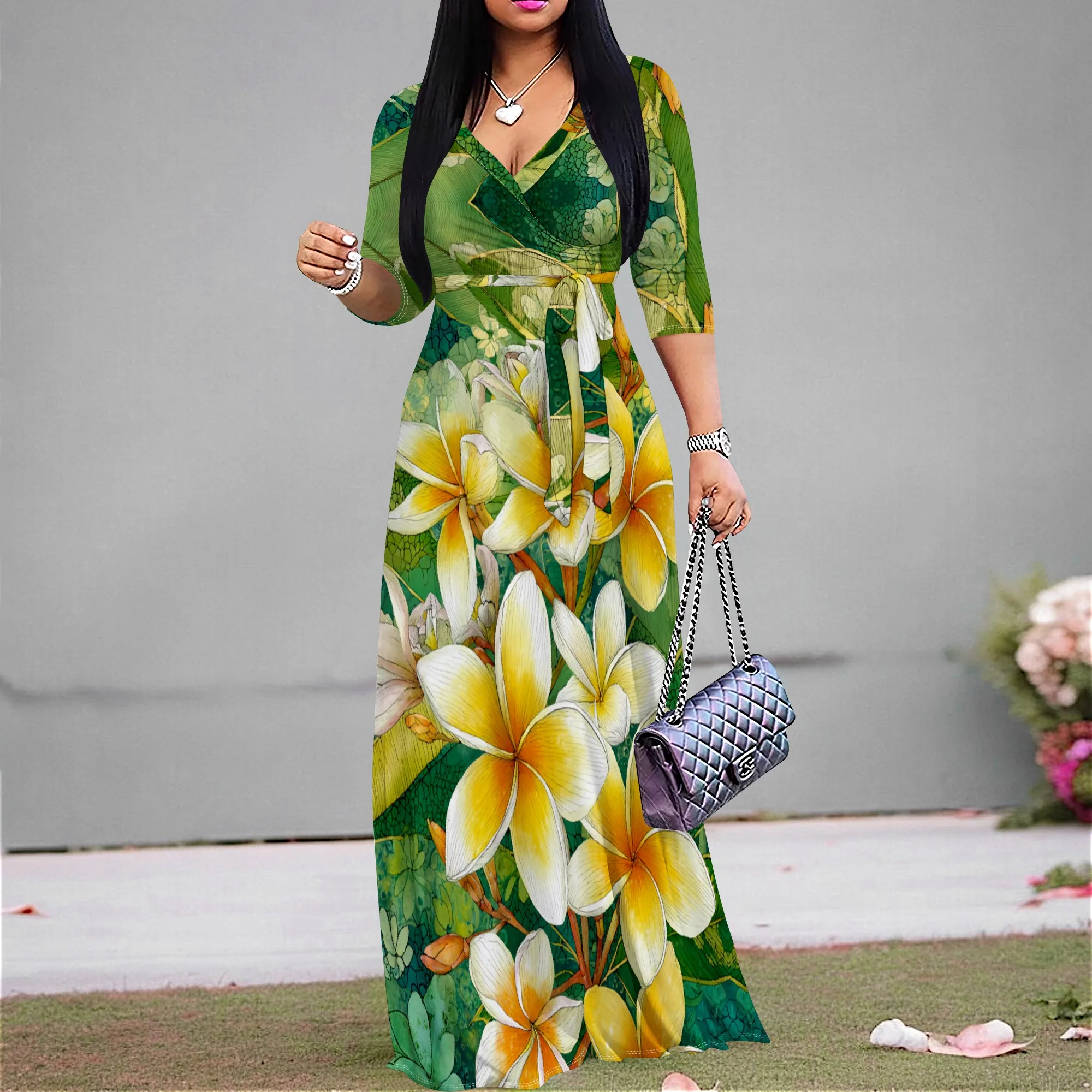 

Yellow Floral Maxi Dress S‑3XL V‑Neck Wrap Style with Tie Waist & 3/4 Sleeves for Beach Vacation, Garden Party or Resort Look