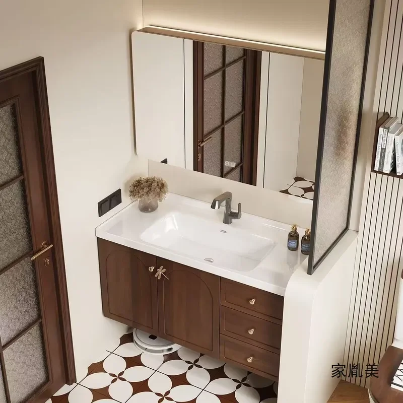 Retro Oak Bathroom Vanity with Ceramic Integrated Sink and Mirror Cabinet French Style Medium Size Wall Mounted Storage Unit