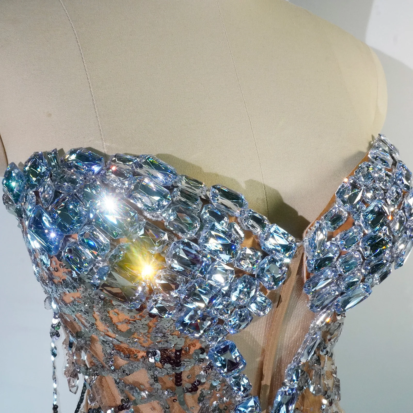 Sparkling Rhinestone Evening Dress Women Sexy Beaded Sequins Formal Party Gown Stage Performance Outfit Singer Dancer Costume