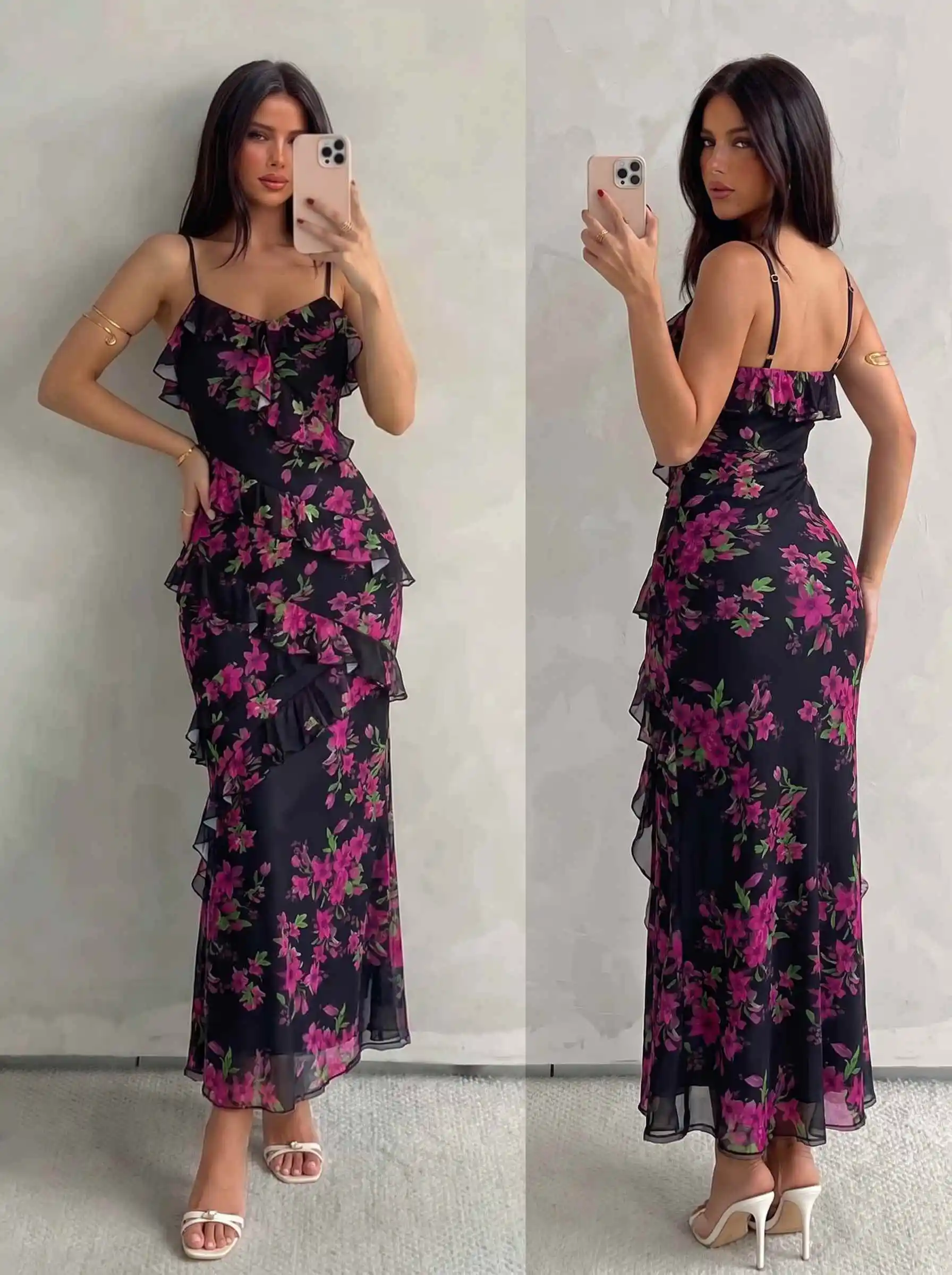 Damen Aquarell-Rosen-Print Cami-Kleid mit Rüschen, Chiffon-Midikleid, Spaghettiträger, fließendes Kleid für Urlaub, Strandparty, Ferien – Detail 9