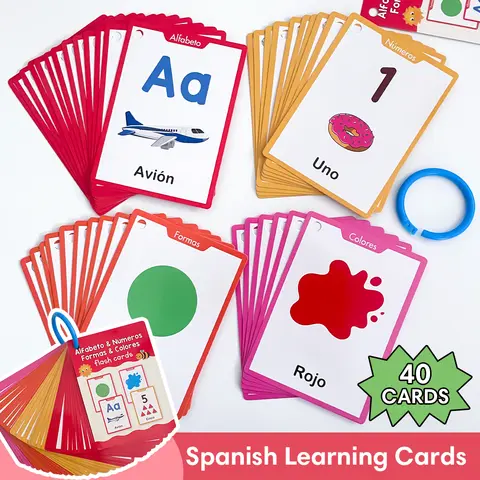40 Uds. Tarjetas de aprendizaje con temas de Color y formas de números del alfabeto español para niños, tarjetas didácticas de vocabulario para educación temprana